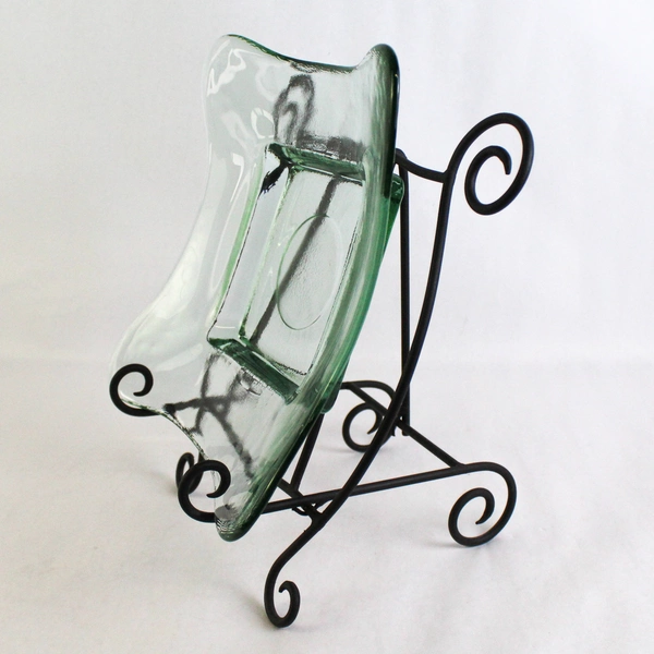 Square Green Tinted Glass Bowl With Wrought Iron Stand 14 Inch