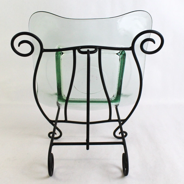 Square Green Tinted Glass Bowl With Wrought Iron Stand 14 Inch