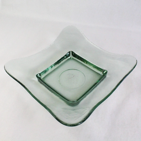 Square Green Tinted Glass Bowl With Wrought Iron Stand 14 Inch