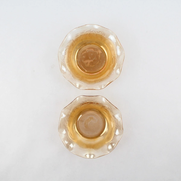 Set of 2 Jeannette Floragold Louisa Carnival Glass Ruffled Rim Fruit Bowls 5.5"