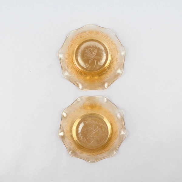 Set of 2 Jeannette Floragold Louisa Carnival Glass Ruffled Rim Fruit Bowls 5.5"