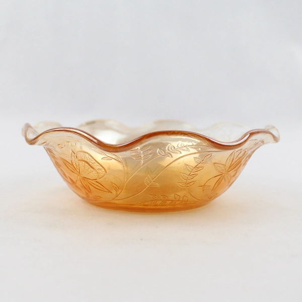 Set of 2 Jeannette Floragold Louisa Carnival Glass Ruffled Rim Fruit Bowls 5.5"