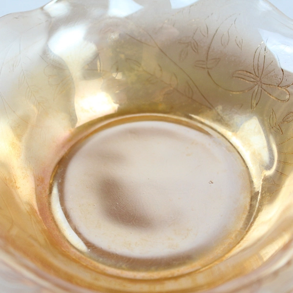 Set of 2 Jeannette Floragold Louisa Carnival Glass Ruffled Rim Fruit Bowls 5.5"