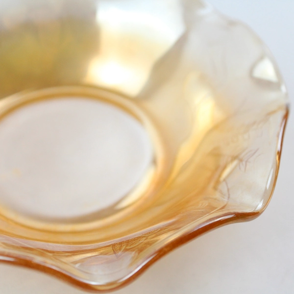 Set of 2 Jeannette Floragold Louisa Carnival Glass Ruffled Rim Fruit Bowls 5.5"