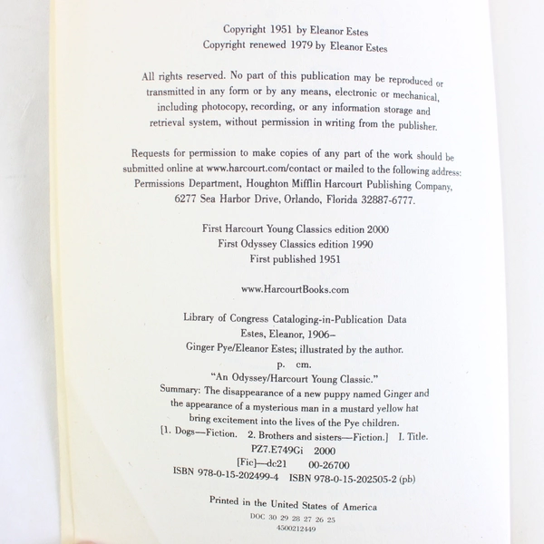 Ginger Pye A Children's Book by Eleanor Estes 2000 Paperback