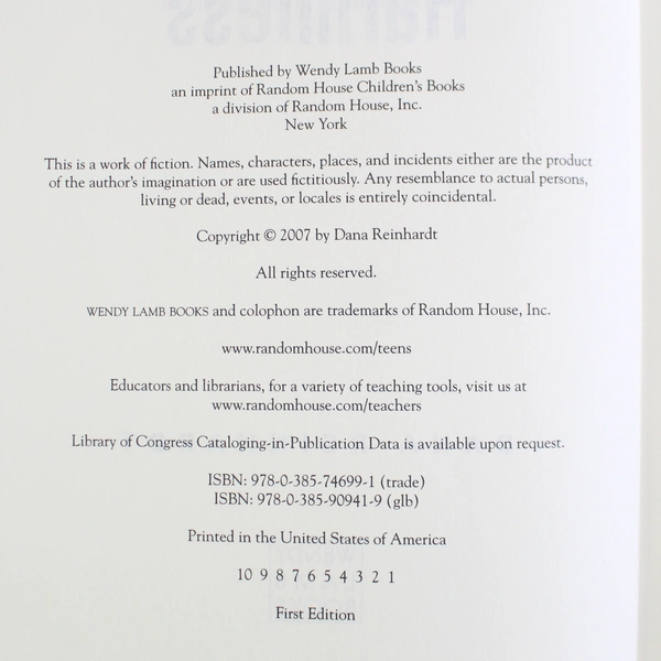 Harmless A Novel by Dana Reinhardt 2007 First Edition Hardcover Dust Jacket