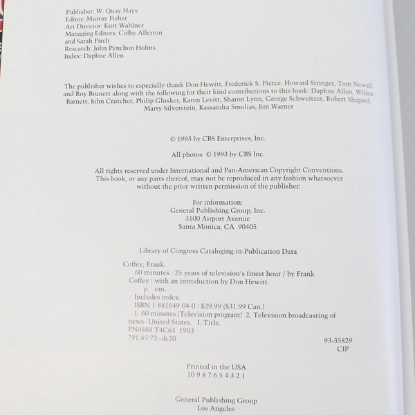 60 Minutes 25 Years of Television's Finest Hour by Frank Coffey 1993 HC DJ