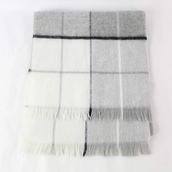 Women's Gray Black White Plaid Scarf with Fringe, 11"x50", Pre-Owned, Wear