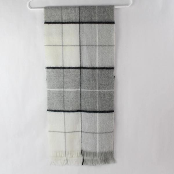 Women's Gray Black White Plaid Scarf with Fringe, 11"x50", Pre-Owned, Wear
