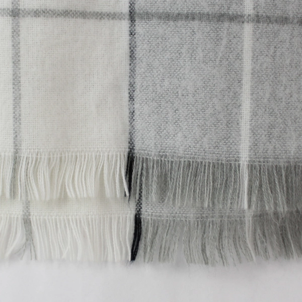 Women's Gray Black White Plaid Scarf with Fringe, 11"x50", Pre-Owned, Wear