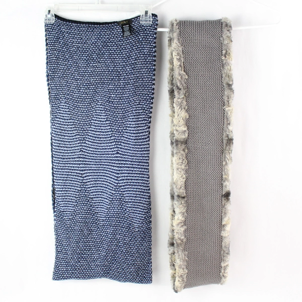 Lot of 2 Knit & Faux Fur Women's Infinity Loop Scarves - Blue & Gray