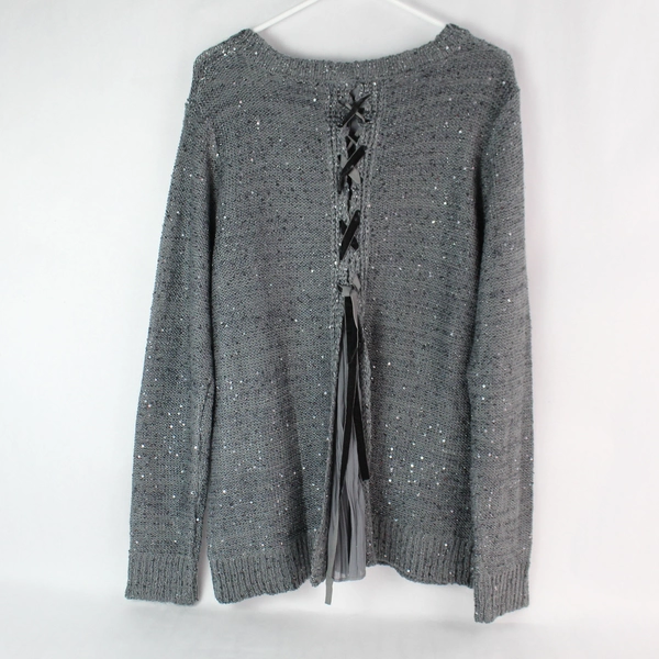 Time and Tru Women's Gray Sparkly Knit Sweater Lace-Up Back Size L 12-14