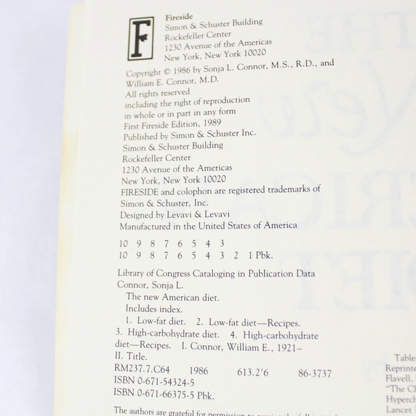 New American Diet Paperback by Sonja & William E. Connor 1989 - Good Condition