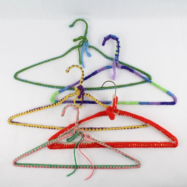 Lot of 5 Metal Hangers With Crocheted Covers Various Colors