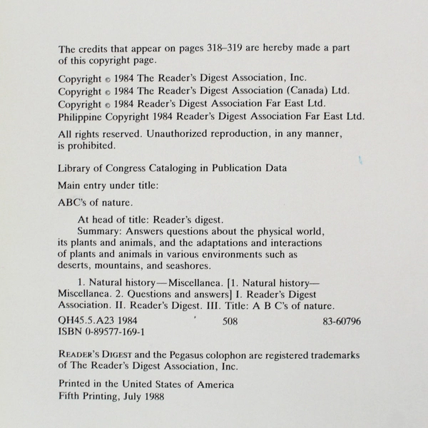 Reader's Digest ABC's of Nature Family Answer Book 1988 Hardcover