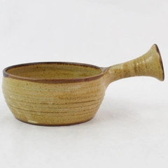 Handmade Brown Leaf Design Pottery Bowl with Handle, Signed by Artist