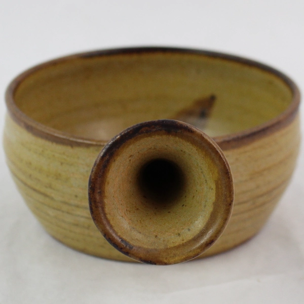 Handmade Brown Leaf Design Pottery Bowl with Handle, Signed by Artist