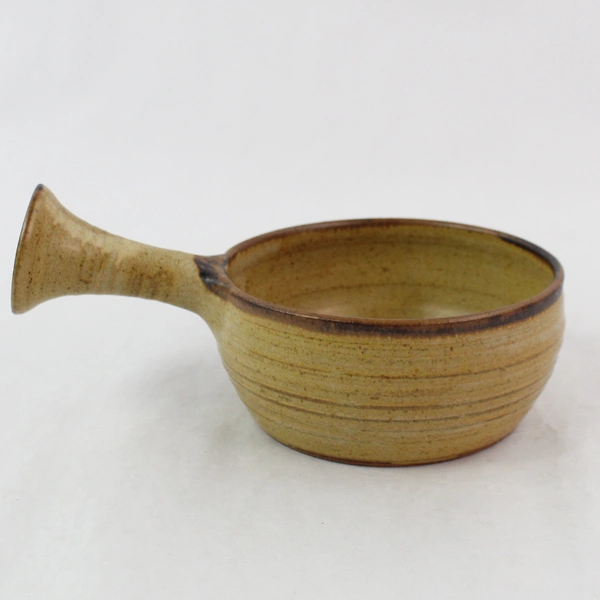 Handmade Brown Leaf Design Pottery Bowl with Handle, Signed by Artist