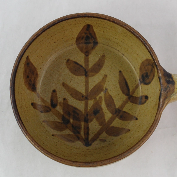 Handmade Brown Leaf Design Pottery Bowl with Handle, Signed by Artist
