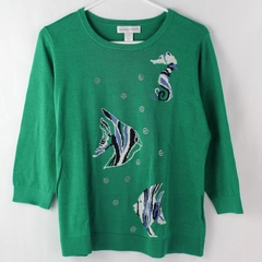 Christopher & Banks Women's Green Sweater Fish Seahorse Design Size S