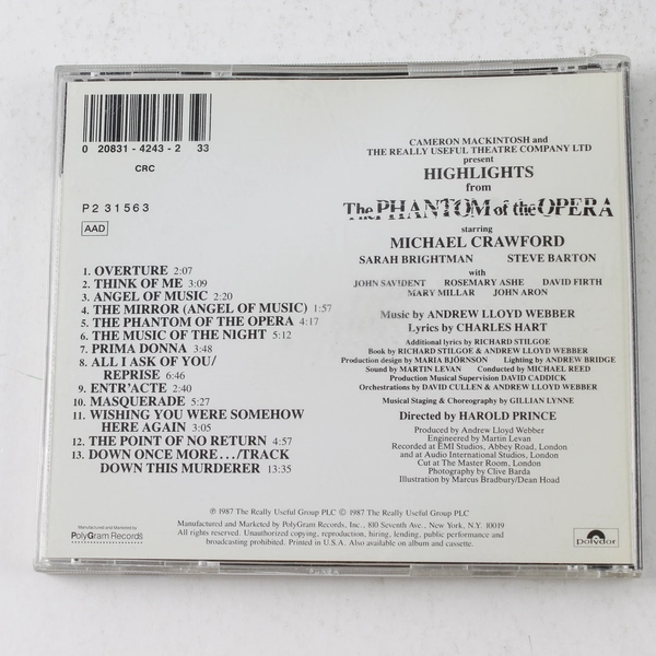 The Phantom of the Opera Highlights 1987 CD Original Cast - Pre-Owned