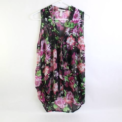 Ambiance Apparel Women's M Sheer Sleeveless Blouse Top Black Floral Polyester