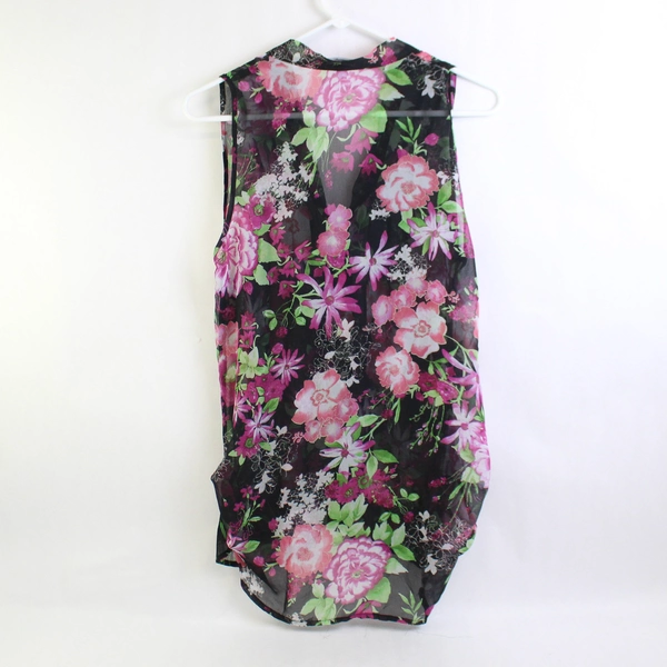 Ambiance Apparel Women's M Sheer Sleeveless Blouse Top Black Floral Polyester