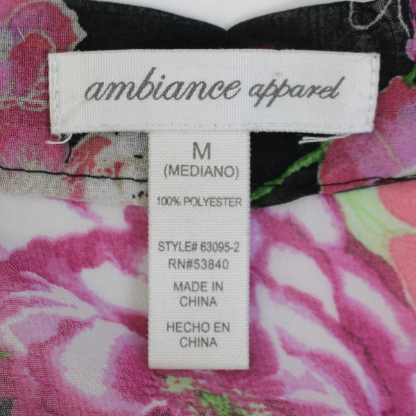 Ambiance Apparel Women's M Sheer Sleeveless Blouse Top Black Floral Polyester