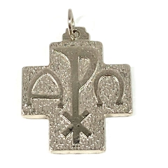 Catholic Alpha Omega Silver Tone Cross Charm Pendant - 1 1/8" Long