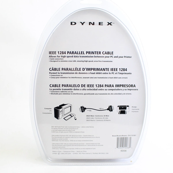 Dynex IEEE 1284 Parallel Printer Cable Sealed 6' DB25 Male / Centronics 36 Male