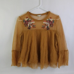 Eyeshadow Blouse Sheer Top Brown Floral Embroidery Size L