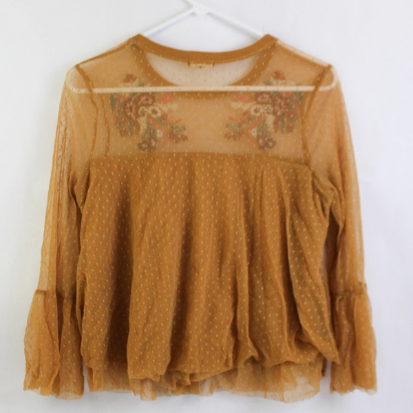 Eyeshadow Blouse Sheer Top Brown Floral Embroidery Size L