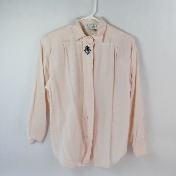 Studio Michelle Stuart Pink Blouse with Black Embroidery, Size S, Good Condition