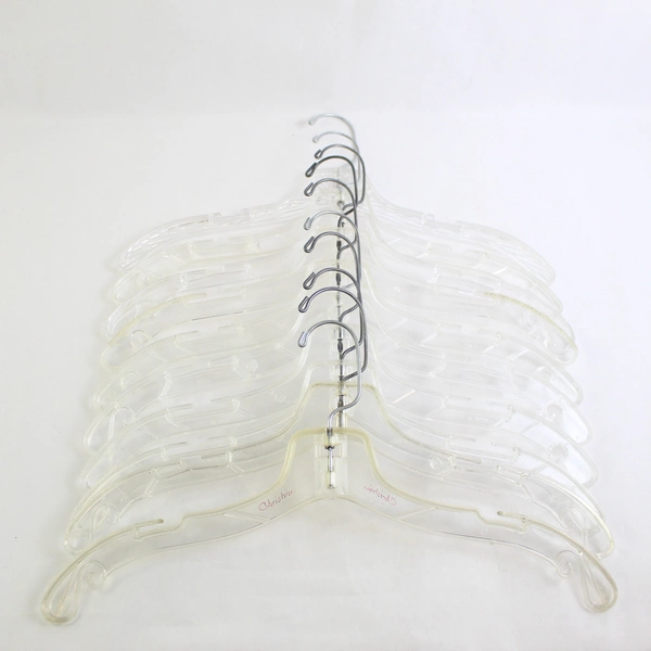 Lot of 10 Clear Plastic Flat Clothes Hangers with Clothes Indents and Wire Hooks