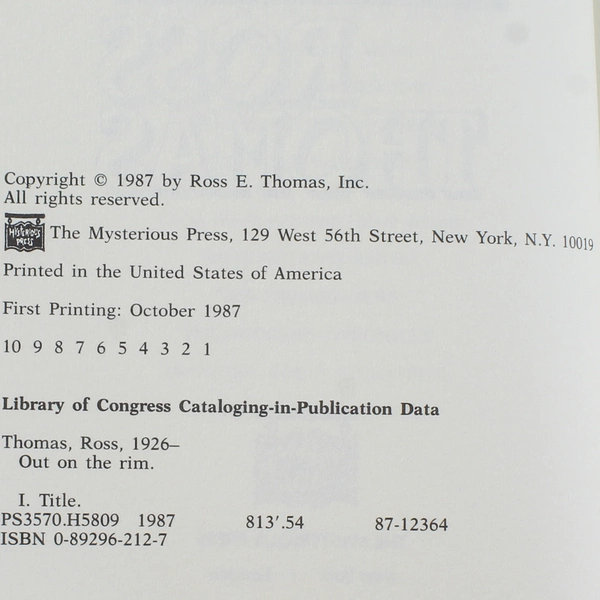 Out on the Rim by Ross Thomas 1987 Hardcover - Good Condition