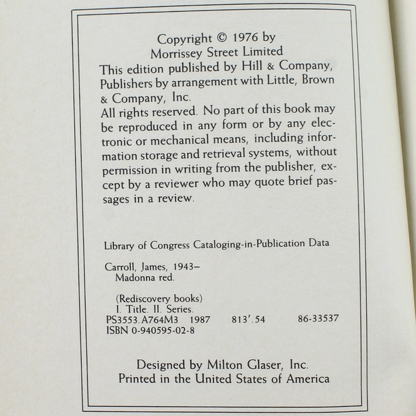 Madonna Red by James Carroll 1987 Hardcover - Good Condition