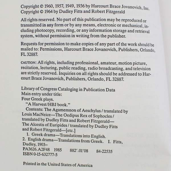 Four Greek Plays by Dudley Fitts 1960 Trade Paperback