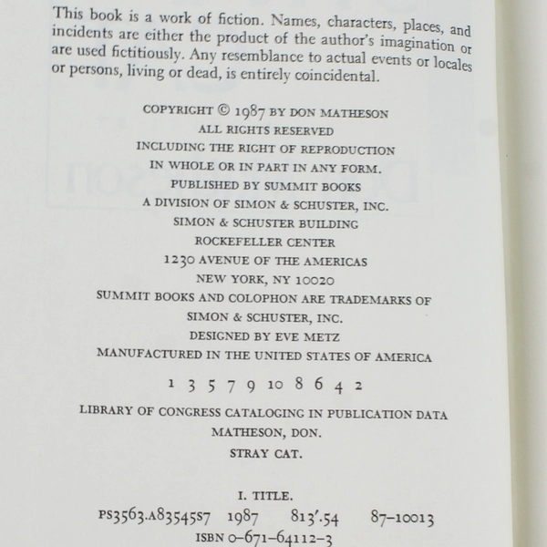 Stray Cat by Don Matheson 1987 Hardcover Mystery Book in Good Condition