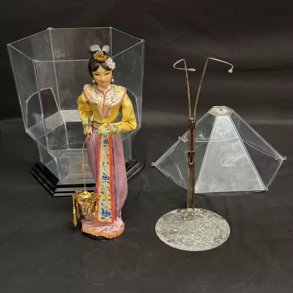 Vintage 15.5 Inch Asian Geisha Doll With Stand And Plastic Terrarium Case