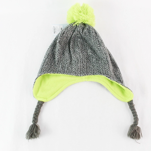 Cat & Jack Kids Gray Neon Green Hat with Ear Flaps & Puffball NWT OSFM