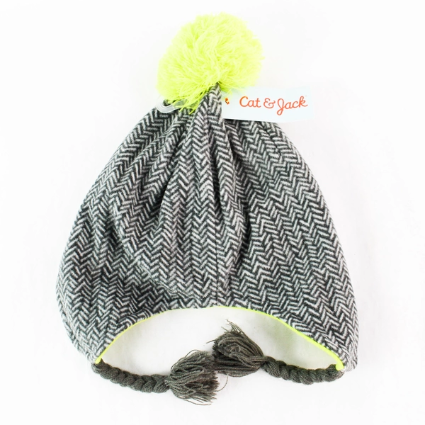 Cat & Jack Kids Gray Neon Green Hat with Ear Flaps & Puffball NWT OSFM