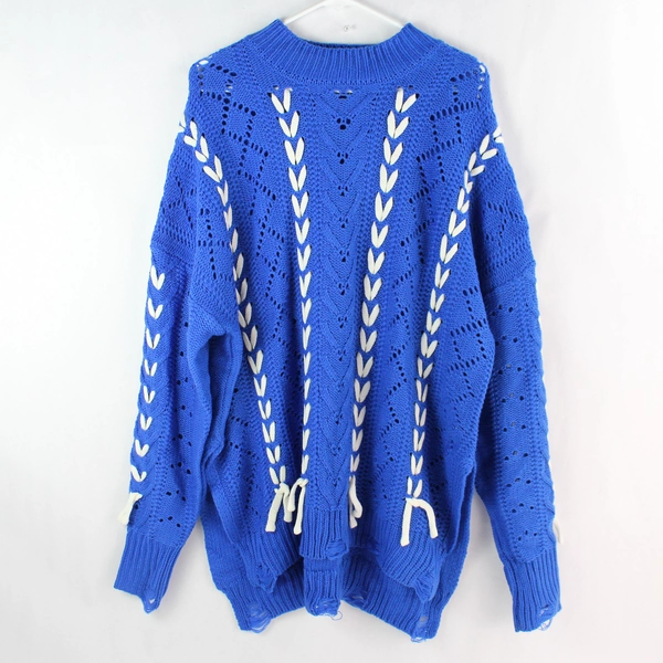 ModX Women's Blue Crochet Pullover Sweater 1X with White Lacing - Pre-Owned