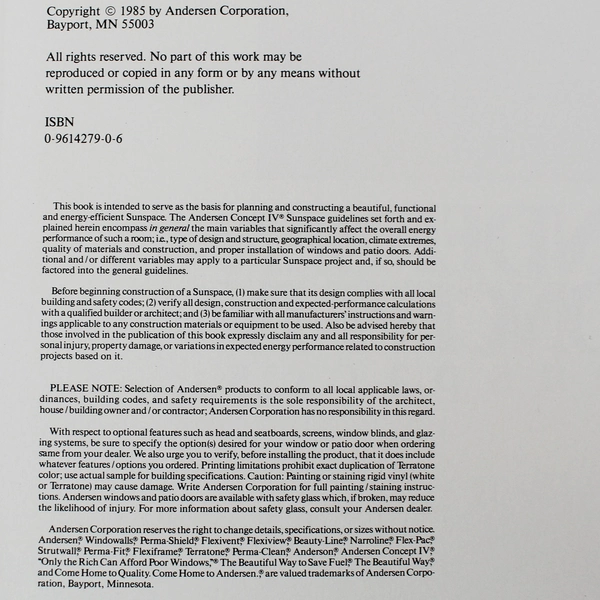 Andersen Concept IV Sunspaces Vintage 1985 Paperback Home Design Book