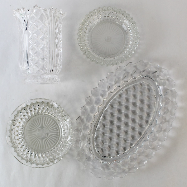 Lot of 4 Vintage Clear Glass Dishes, Platter & Vase with Geometric Pattern