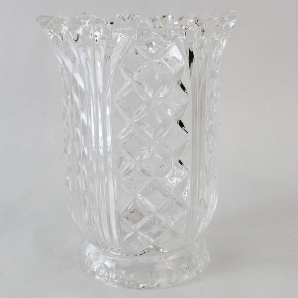 Lot of 4 Vintage Clear Glass Dishes, Platter & Vase with Geometric Pattern