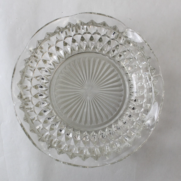 Lot of 4 Vintage Clear Glass Dishes, Platter & Vase with Geometric Pattern