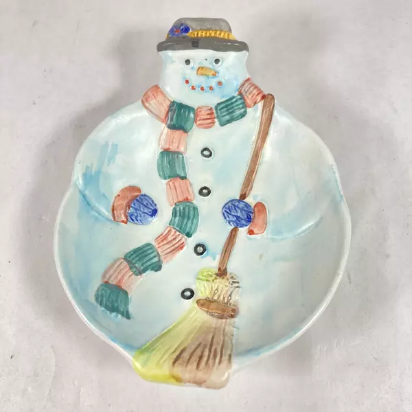 Vintage Hand Painted Ceramic Snowman Candy Dish Made in Italy 7.5"