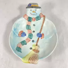 Vintage Hand Painted Ceramic Snowman Candy Dish Made in Italy 7.5"