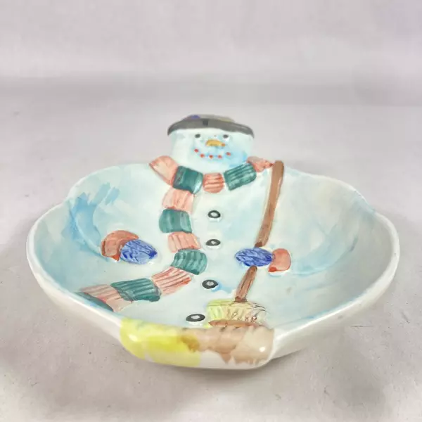 Vintage Hand Painted Ceramic Snowman Candy Dish Made in Italy 7.5"