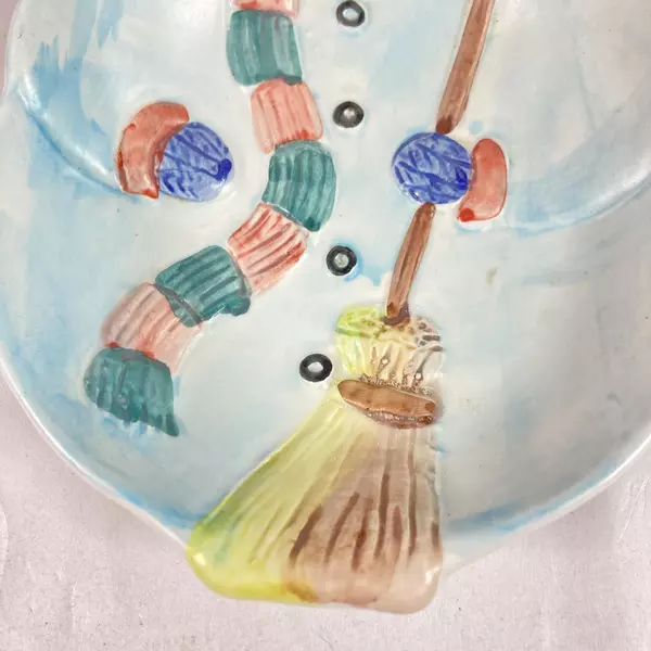 Vintage Hand Painted Ceramic Snowman Candy Dish Made in Italy 7.5"